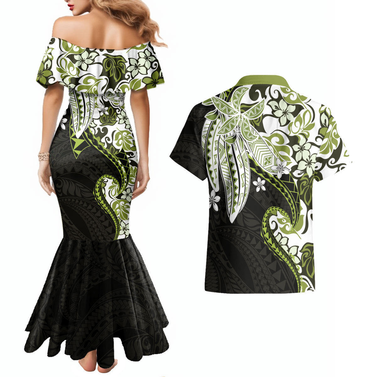 Monstera Plumeria Flowers Olive Green Couples Matching Mermaid Dress and Hawaiian Shirt Polynesian Pattern