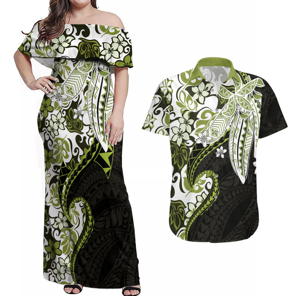 Monstera Plumeria Flowers Olive Green Couples Matching Off Shoulder Maxi Dress and Hawaiian Shirt Polynesian Pattern LT01 Green - Polynesian Pride