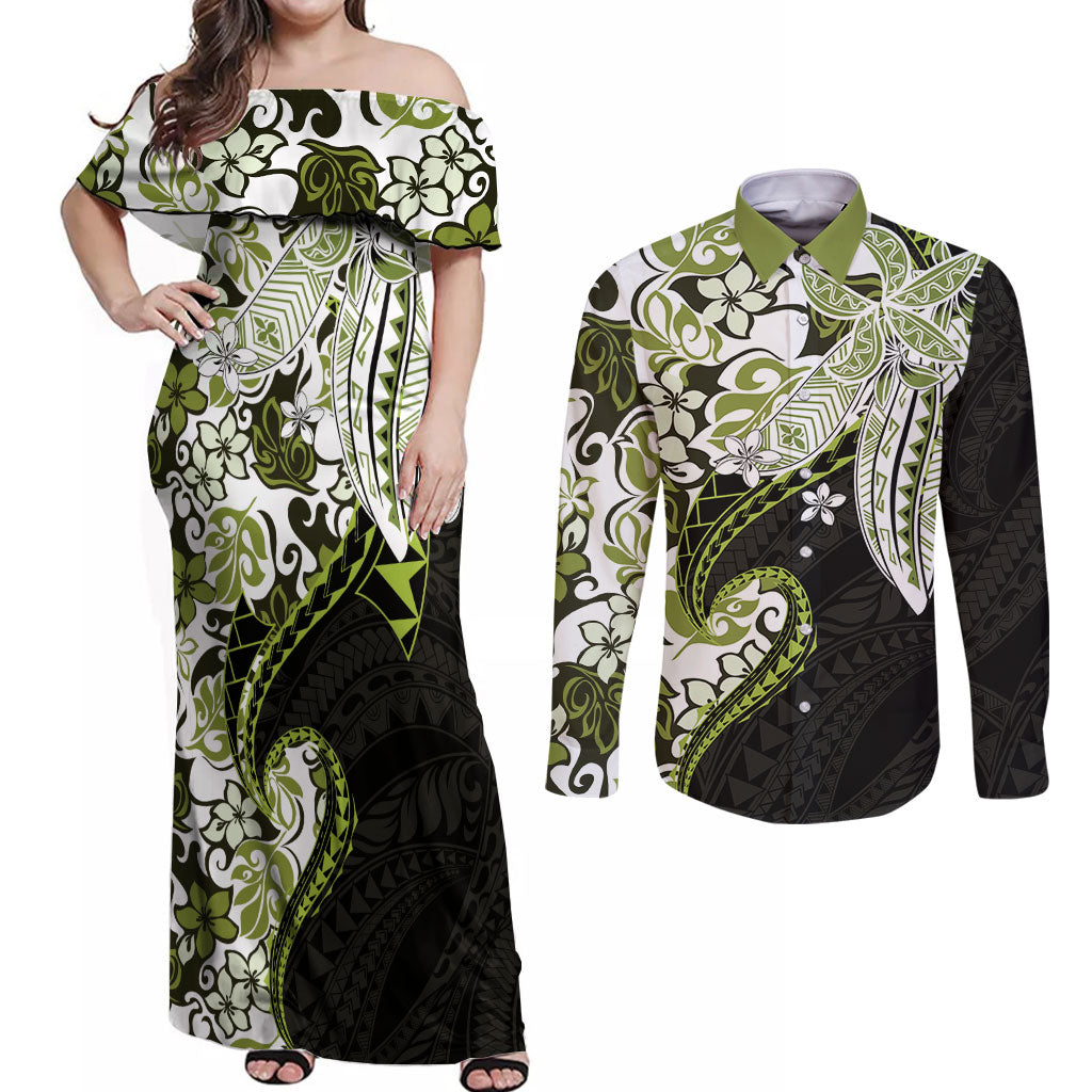Monstera Plumeria Flowers Olive Green Couples Matching Off Shoulder Maxi Dress and Long Sleeve Button Shirt Polynesian Pattern LT01 Green - Polynesian Pride
