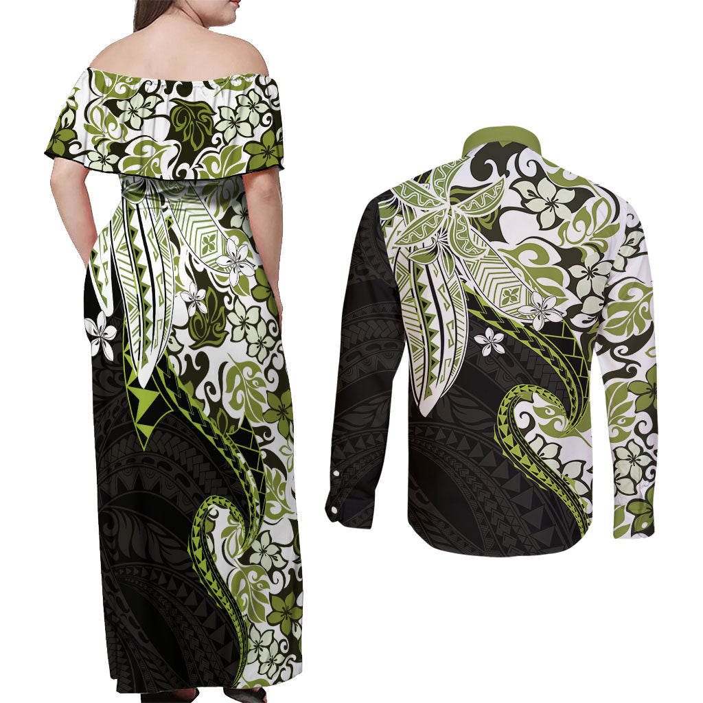Monstera Plumeria Flowers Olive Green Couples Matching Off Shoulder Maxi Dress and Long Sleeve Button Shirt Polynesian Pattern LT01 - Polynesian Pride