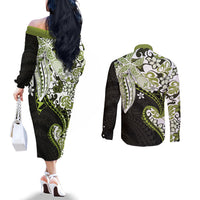 Monstera Plumeria Flowers Olive Green Couples Matching Off The Shoulder Long Sleeve Dress and Long Sleeve Button Shirt Polynesian Pattern