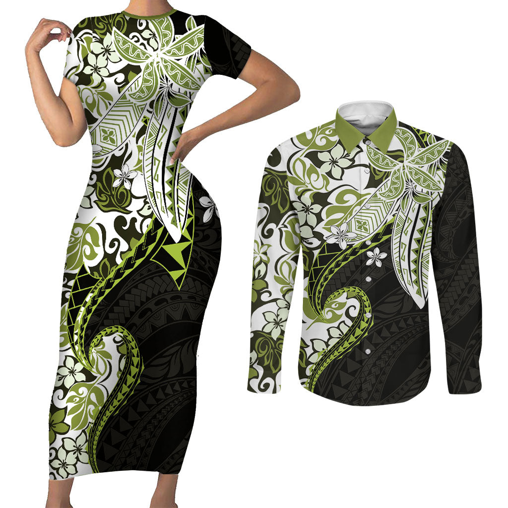 Monstera Plumeria Flowers Olive Green Couples Matching Short Sleeve Bodycon Dress and Long Sleeve Button Shirt Polynesian Pattern LT01 Green - Polynesian Pride