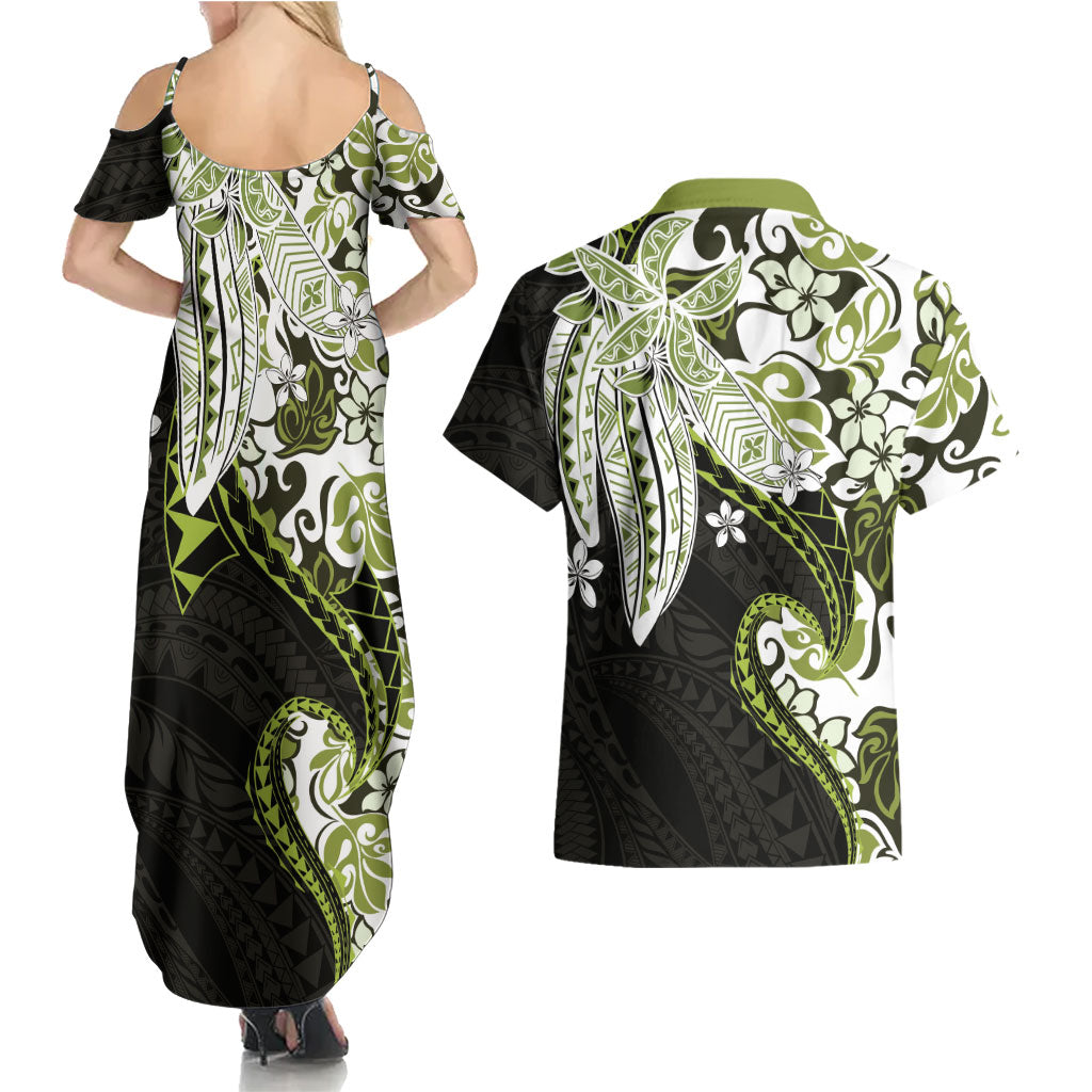 Monstera Plumeria Flowers Olive Green Couples Matching Summer Maxi Dress and Hawaiian Shirt Polynesian Pattern LT01 - Polynesian Pride