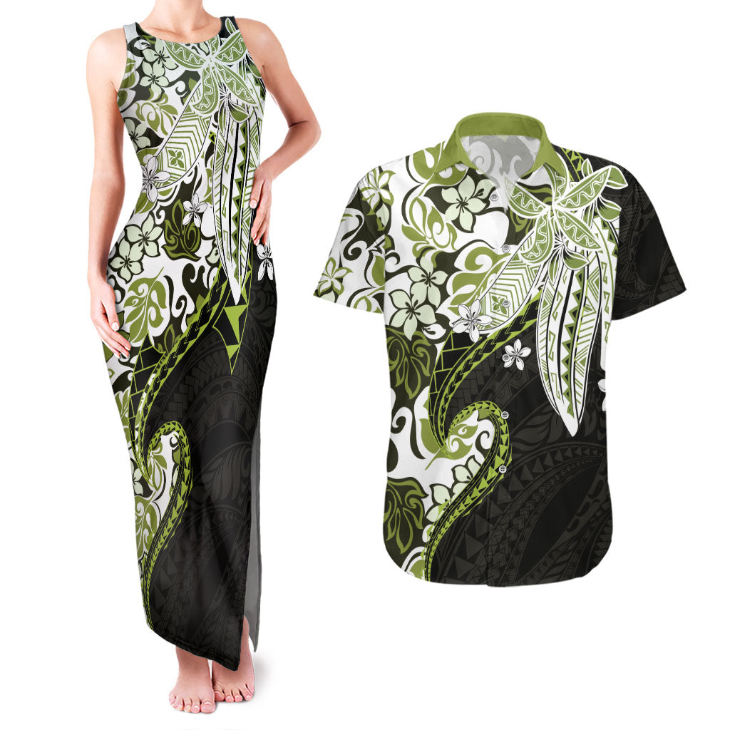 Monstera Plumeria Flowers Olive Green Couples Matching Tank Maxi Dress and Hawaiian Shirt Polynesian Pattern LT01 Green - Polynesian Pride