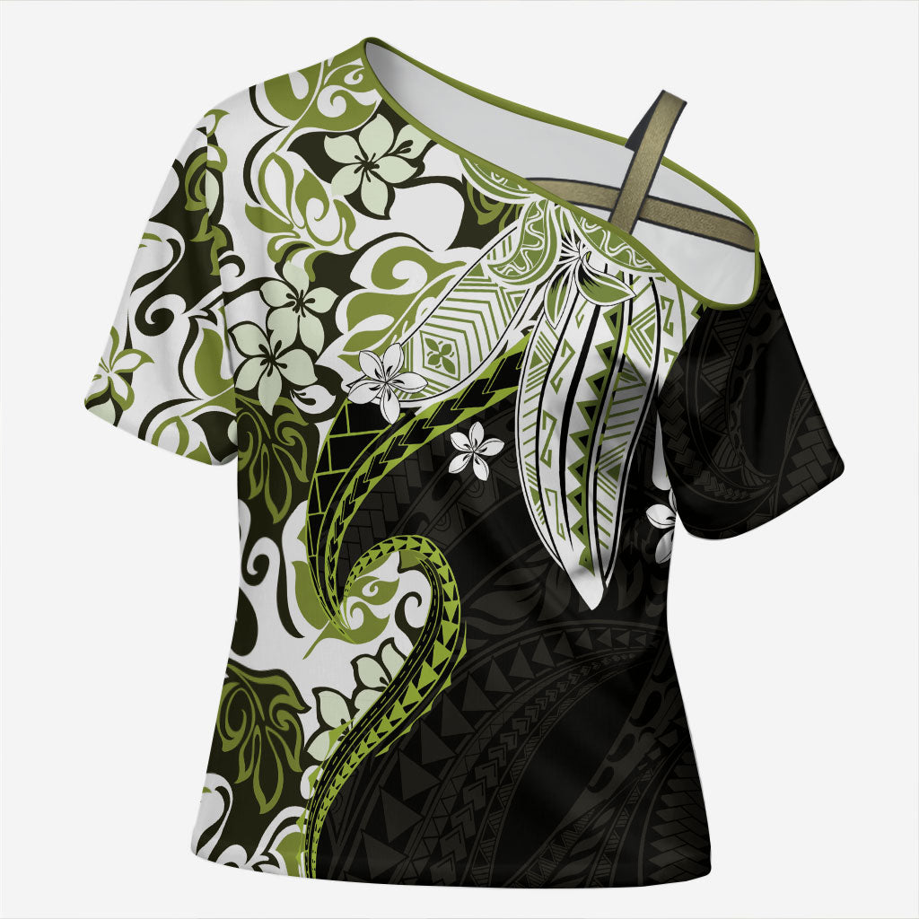 Monstera Plumeria Flowers Olive Green Cross Shoulder Shirt Polynesian Pattern LT01 Female Green - Polynesian Pride