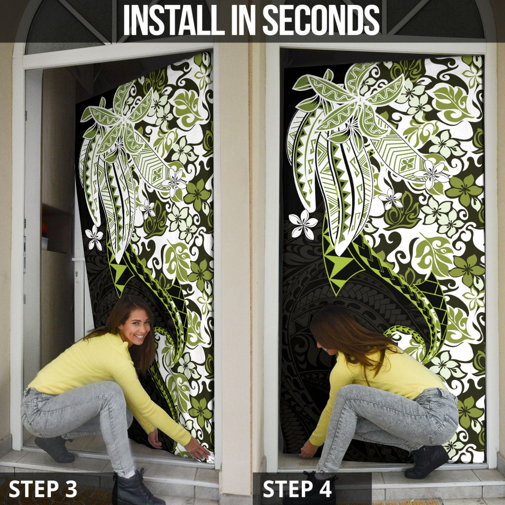 Monstera Plumeria Flowers Olive Green Door Cover Polynesian Pattern