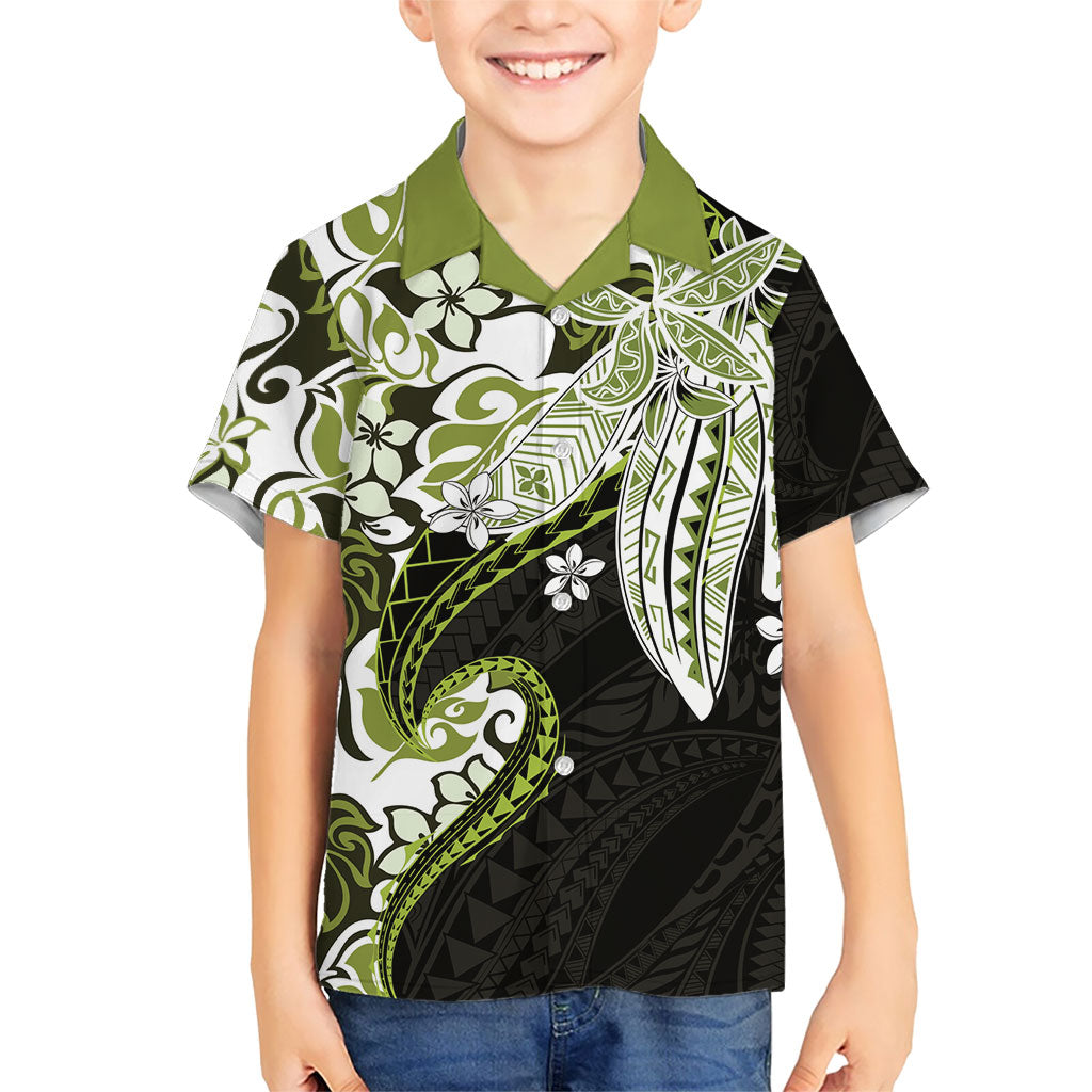 Monstera Plumeria Flowers Olive Green Family Matching Mermaid Dress and Hawaiian Shirt Polynesian Pattern