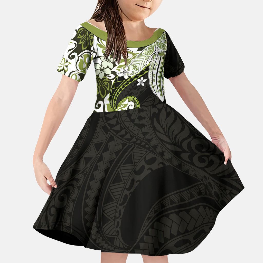 Monstera Plumeria Flowers Olive Green Family Matching Puletasi and Hawaiian Shirt Polynesian Pattern