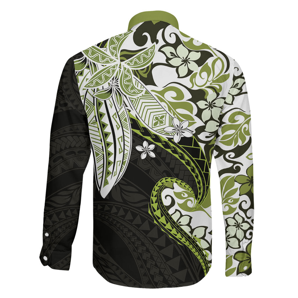Monstera Plumeria Flowers Olive Green Family Matching Puletasi and Hawaiian Shirt Polynesian Pattern