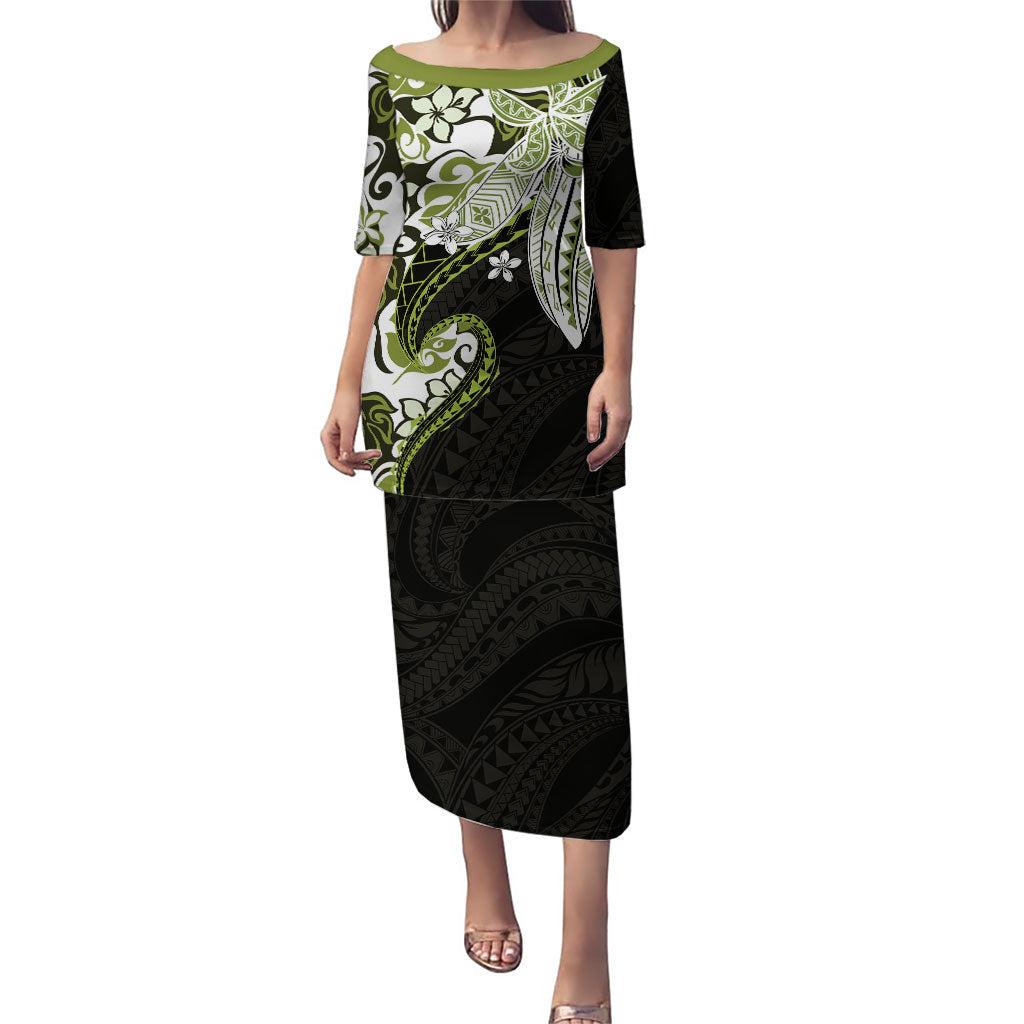 Monstera Plumeria Flowers Olive Green Family Matching Puletasi and Hawaiian Shirt Polynesian Pattern