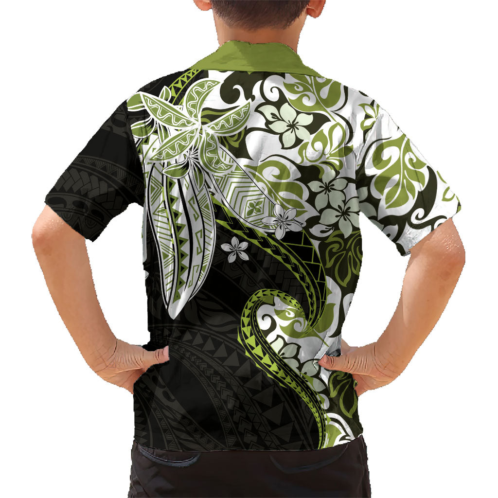 Monstera Plumeria Flowers Olive Green Family Matching Tank Maxi Dress and Hawaiian Shirt Polynesian Pattern