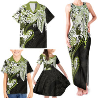 Monstera Plumeria Flowers Olive Green Family Matching Tank Maxi Dress and Hawaiian Shirt Polynesian Pattern