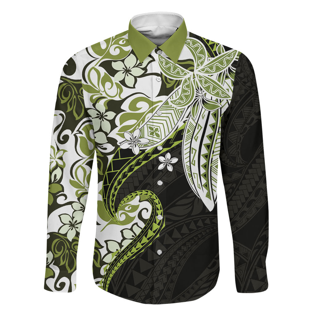 Monstera Plumeria Flowers Olive Green Family Matching Tank Maxi Dress and Hawaiian Shirt Polynesian Pattern