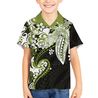 Monstera Plumeria Flowers Olive Green Kid Hawaiian Shirt Polynesian Pattern