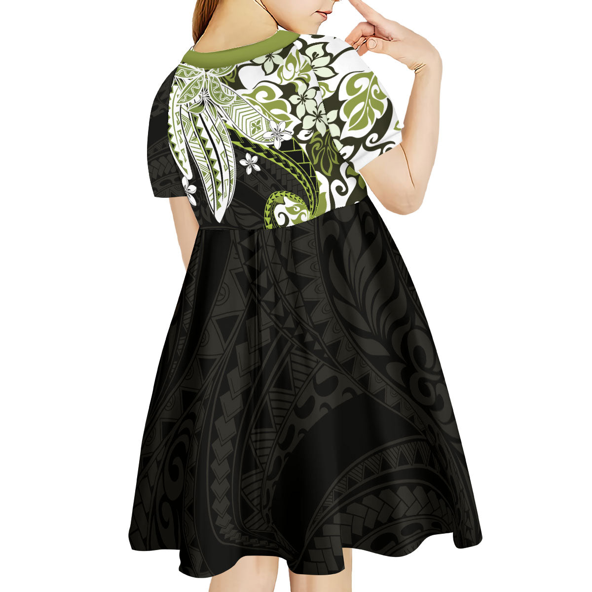 Monstera Plumeria Flowers Olive Green Kid Short Sleeve Dress Polynesian Pattern