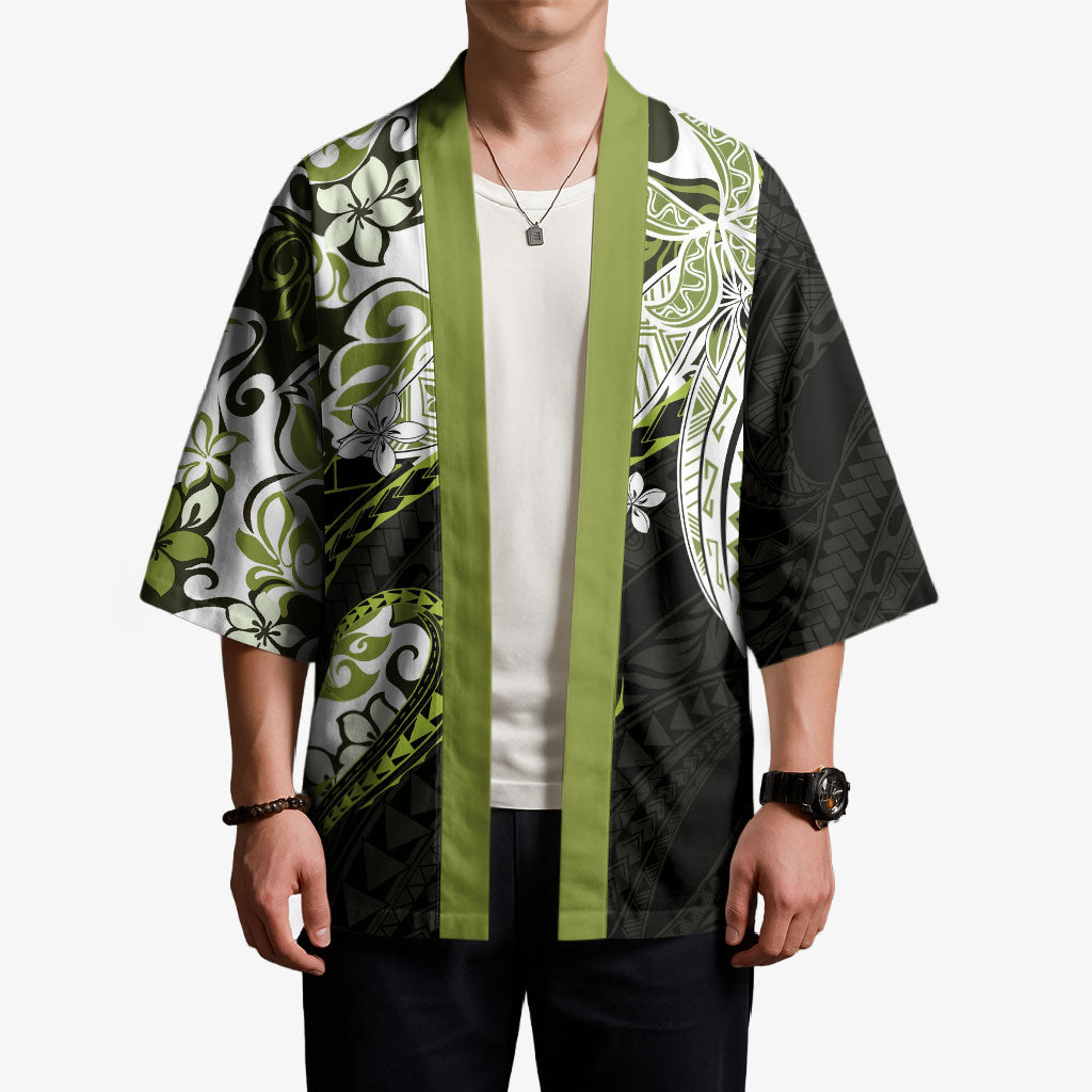 Monstera Plumeria Flowers Olive Green Kimono Polynesian Pattern