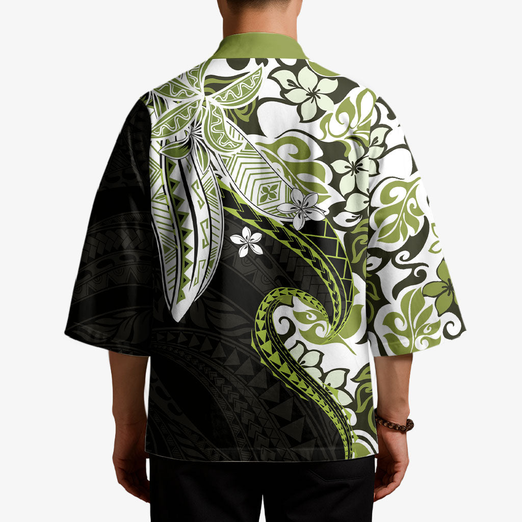 Monstera Plumeria Flowers Olive Green Kimono Polynesian Pattern