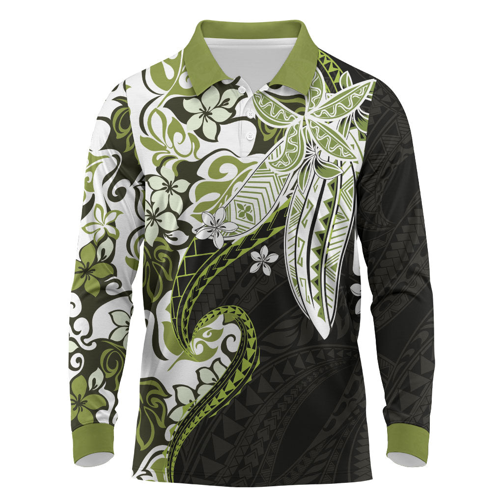Monstera Plumeria Flowers Olive Green Long Sleeve Polo Shirt Polynesian Pattern LT01 Green - Polynesian Pride