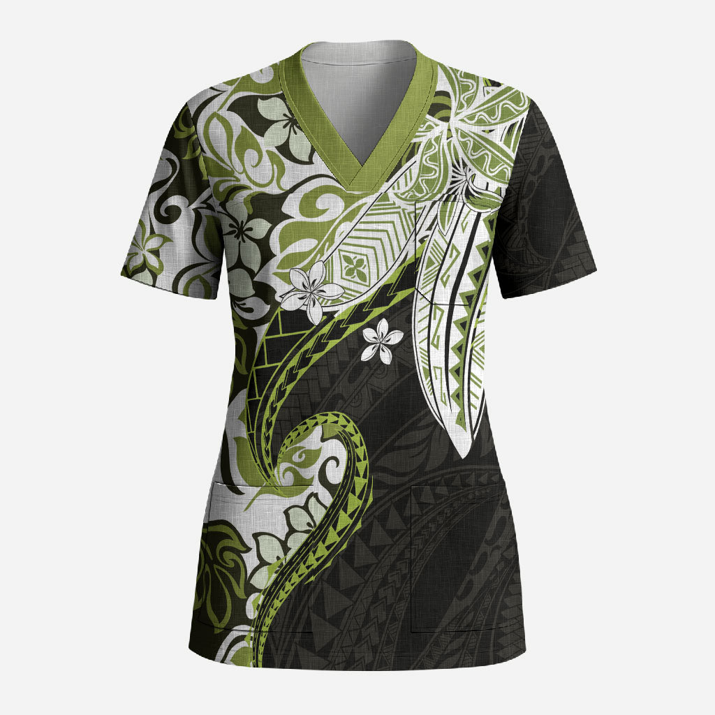 Monstera Plumeria Flowers Olive Green Scrub Top Polynesian Pattern LT01 Adult Green - Polynesian Pride