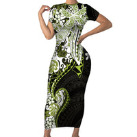 Monstera Plumeria Flowers Olive Green Short Sleeve Bodycon Dress Polynesian Pattern LT01 Long Dress Green - Polynesian Pride