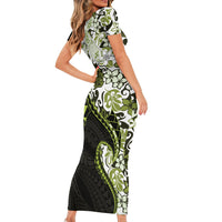 Monstera Plumeria Flowers Olive Green Short Sleeve Bodycon Dress Polynesian Pattern LT01 - Polynesian Pride