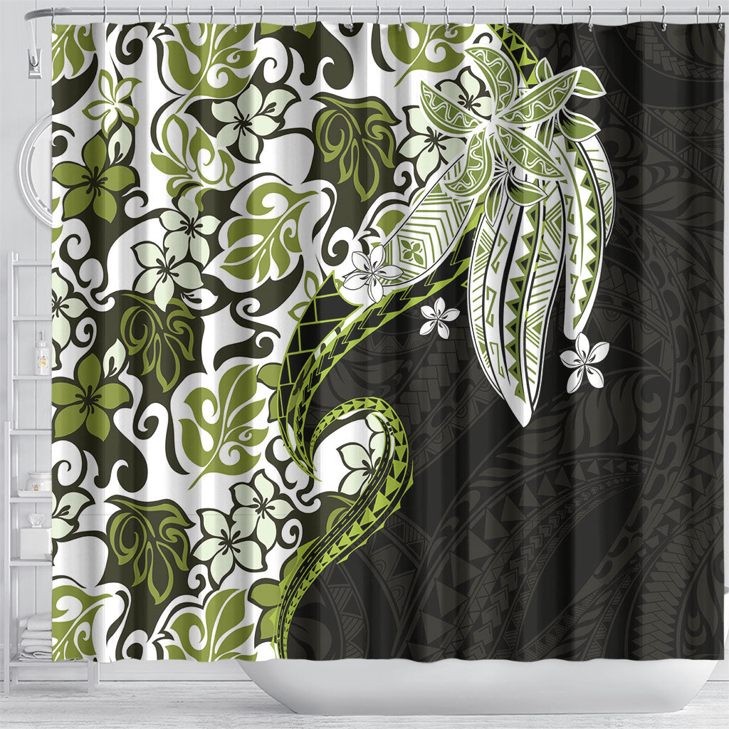 Monstera Plumeria Flowers Olive Green Shower Curtain Polynesian Pattern