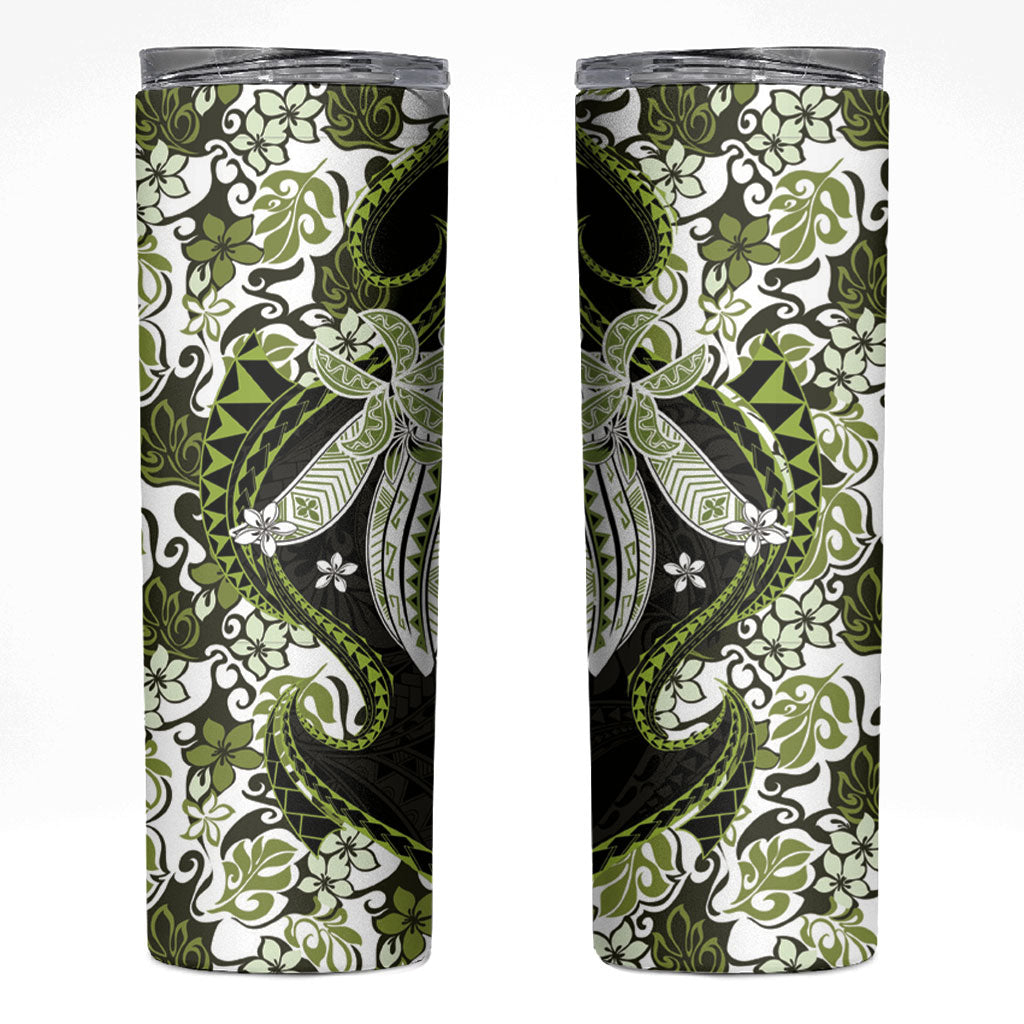 Monstera Plumeria Flowers Olive Green Skinny Tumbler Polynesian Pattern LT01 Green - Polynesian Pride