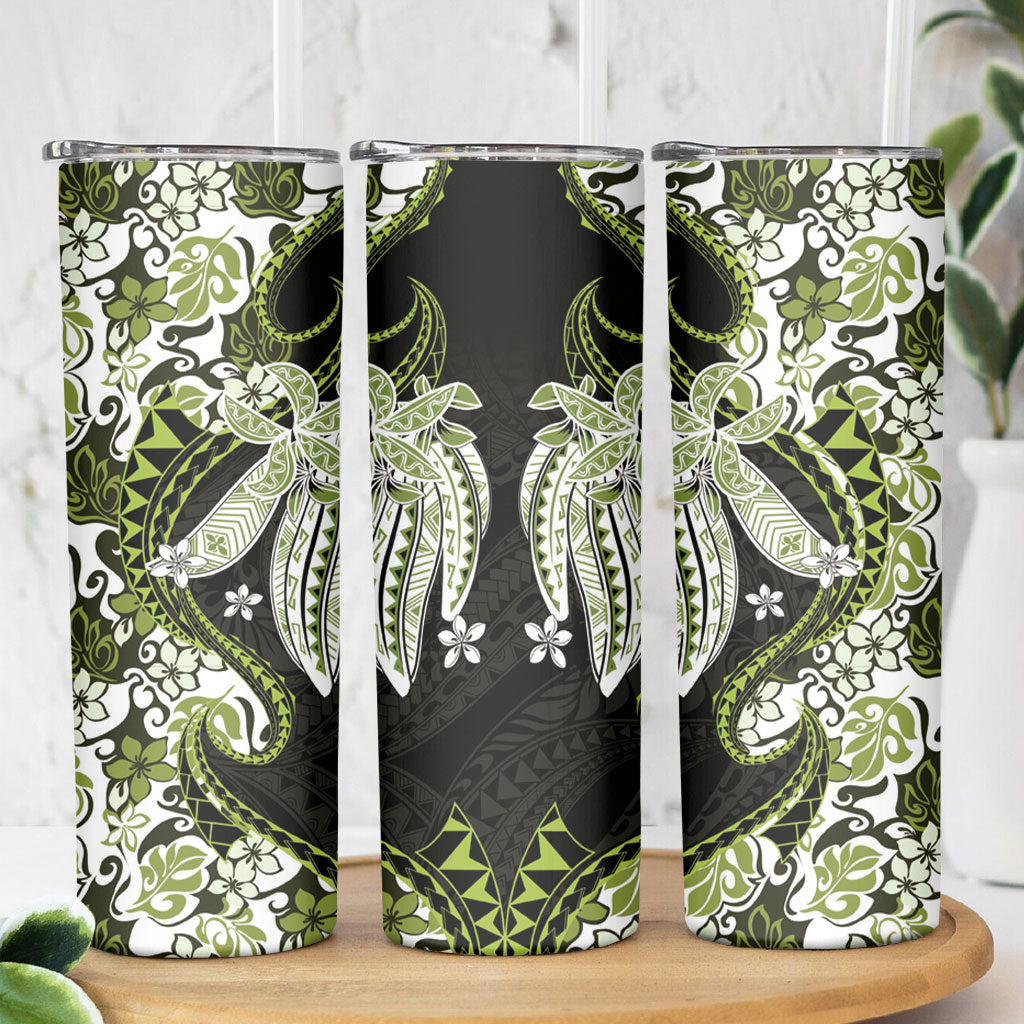 Monstera Plumeria Flowers Olive Green Skinny Tumbler Polynesian Pattern LT01 - Polynesian Pride