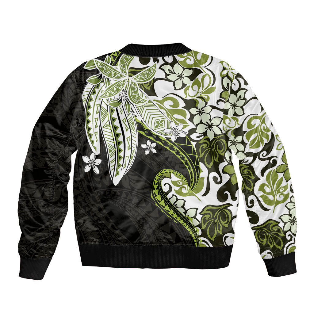 Monstera Plumeria Flowers Olive Green Sleeve Zip Bomber Jacket Polynesian Pattern LT01 - Polynesian Pride