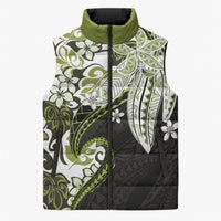 Monstera Plumeria Flowers Olive Green Sleeveless Puffer Jacket Polynesian Pattern