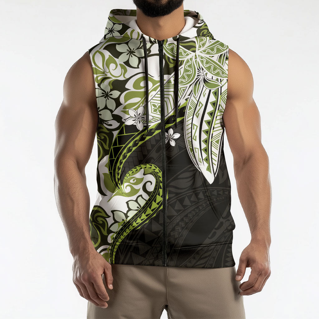 Monstera Plumeria Flowers Olive Green Sleeveless Zip Hoodie Polynesian Pattern LT01 - Polynesian Pride