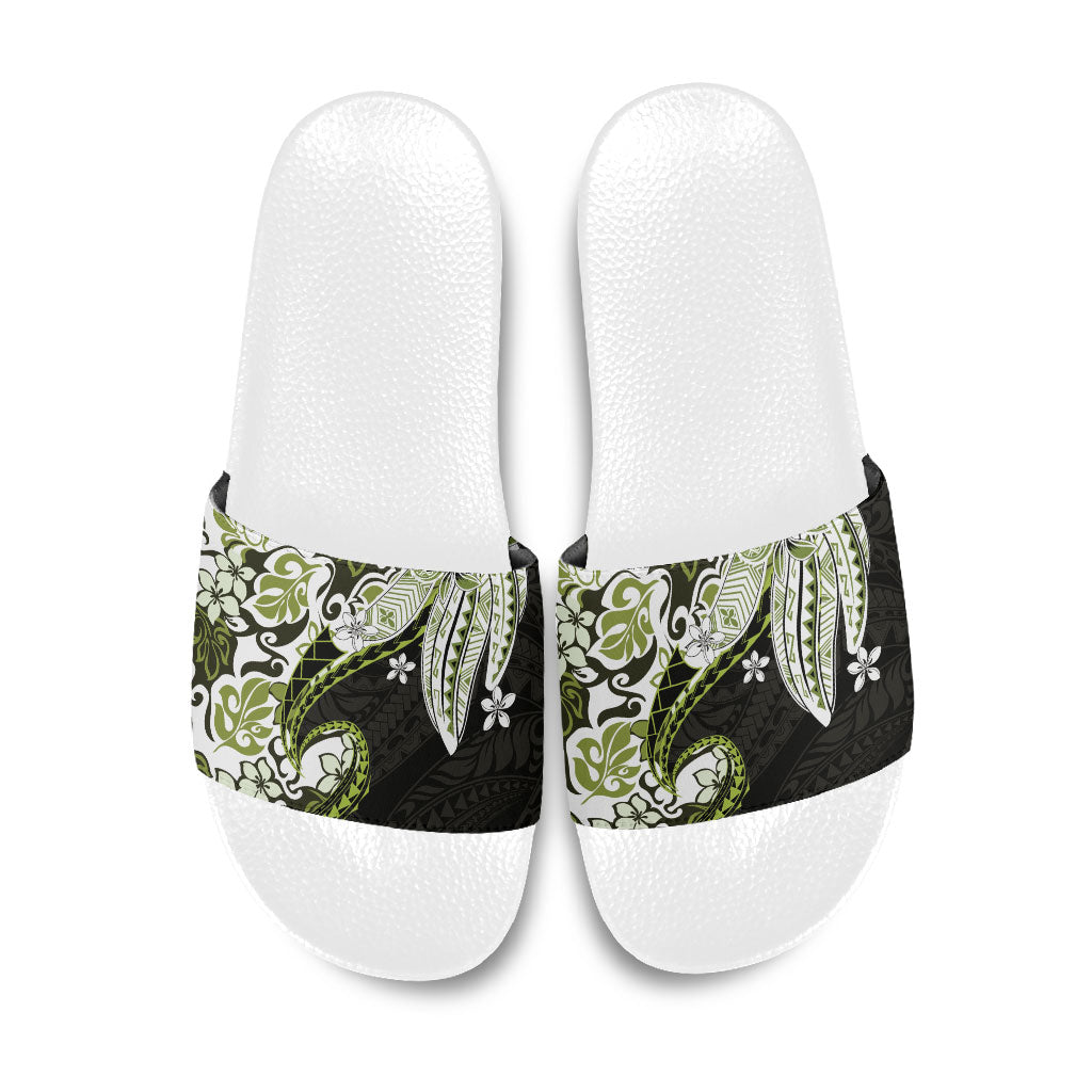 Monstera Plumeria Flowers Olive Green Slide Sandals Polynesian Pattern