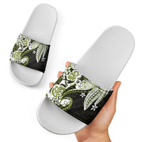 Monstera Plumeria Flowers Olive Green Slide Sandals Polynesian Pattern