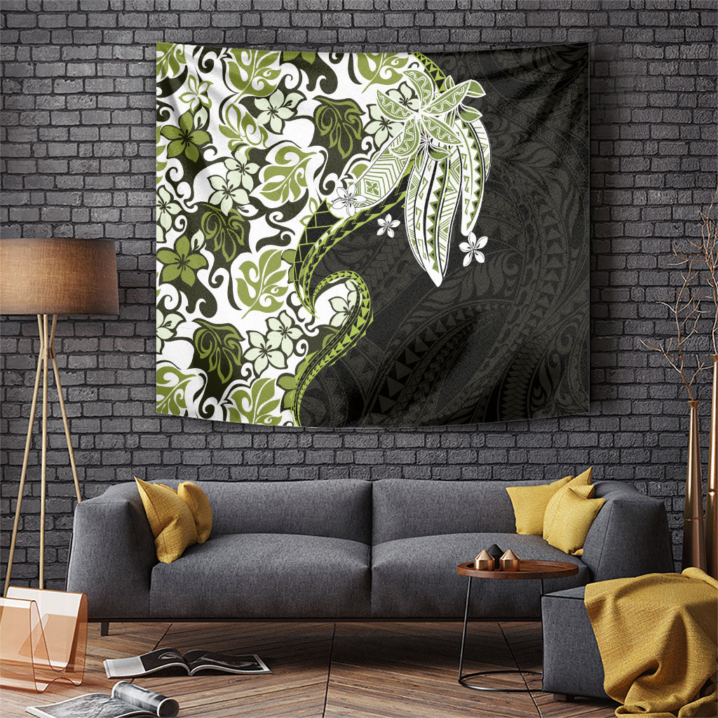 Monstera Plumeria Flowers Olive Green Tapestry Polynesian Pattern LT01 Green - Polynesian Pride
