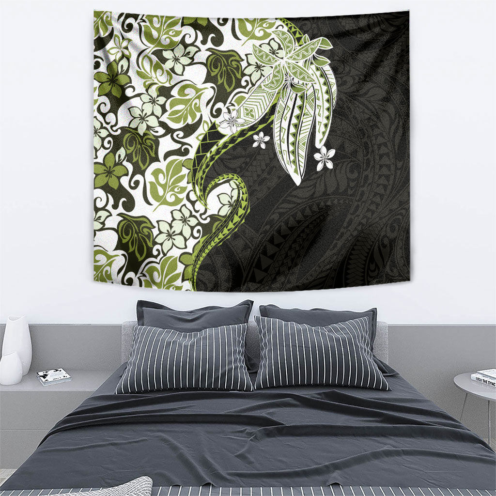 Monstera Plumeria Flowers Olive Green Tapestry Polynesian Pattern