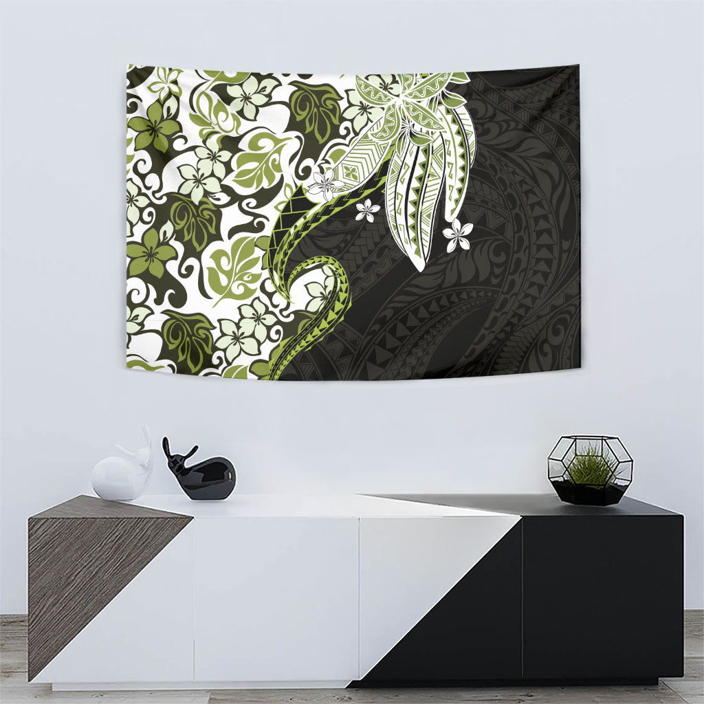 Monstera Plumeria Flowers Olive Green Tapestry Polynesian Pattern