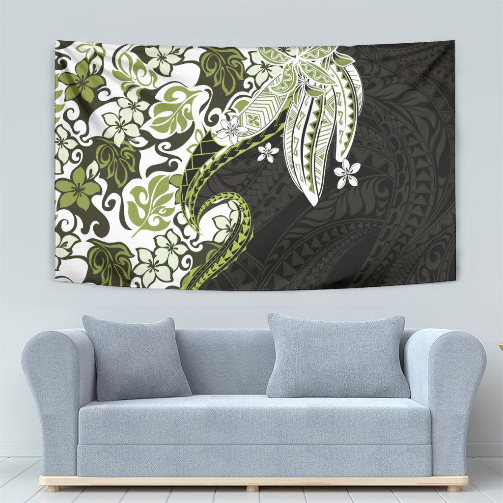 Monstera Plumeria Flowers Olive Green Tapestry Polynesian Pattern