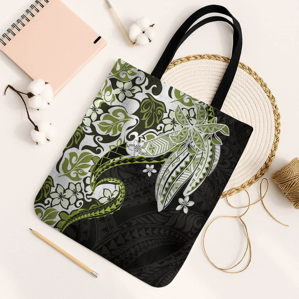Monstera Plumeria Flowers Olive Green Tote Bag Polynesian Pattern