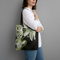 Monstera Plumeria Flowers Olive Green Tote Bag Polynesian Pattern