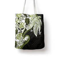 Monstera Plumeria Flowers Olive Green Tote Bag Polynesian Pattern
