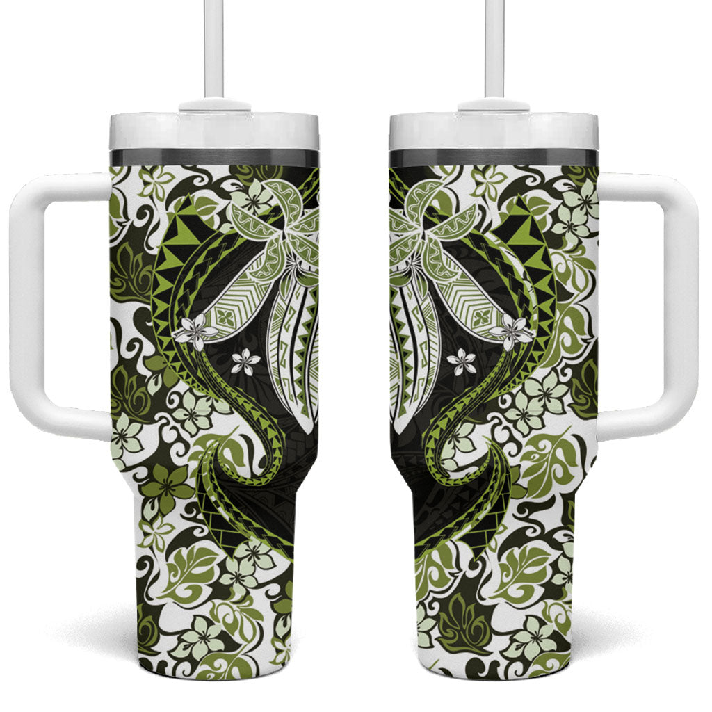 Monstera Plumeria Flowers Olive Green Tumbler With Handle Polynesian Pattern LT01 One Size: 40 oz Green - Polynesian Pride