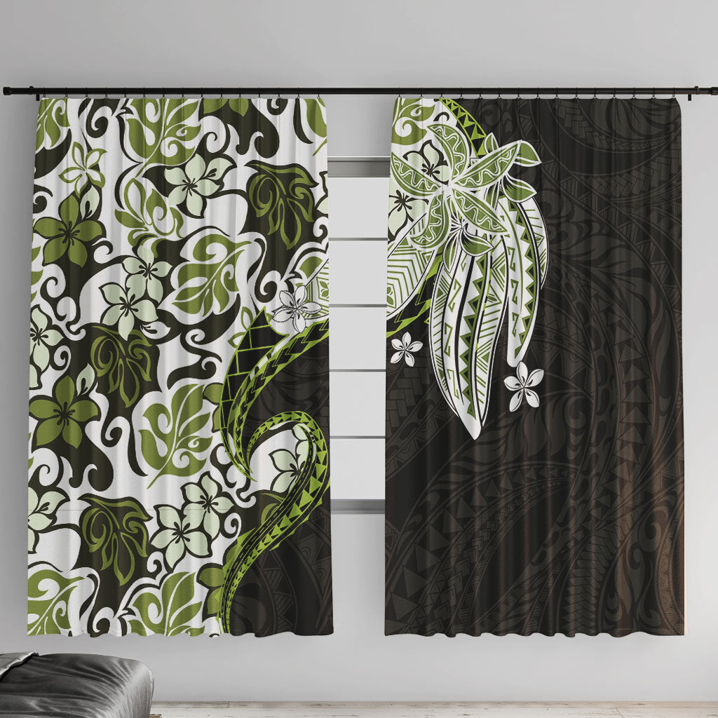 Monstera Plumeria Flowers Olive Green Window Curtain Polynesian Pattern