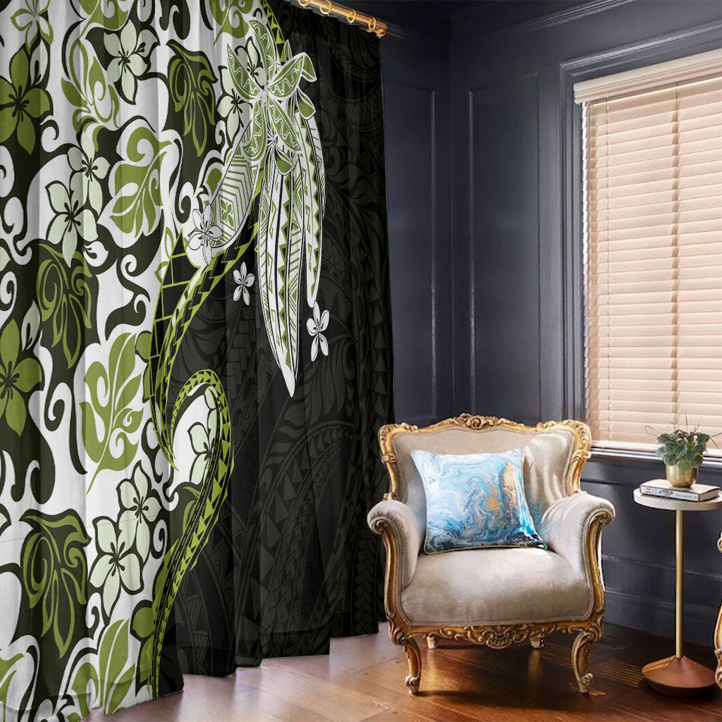 Monstera Plumeria Flowers Olive Green Window Curtain Polynesian Pattern