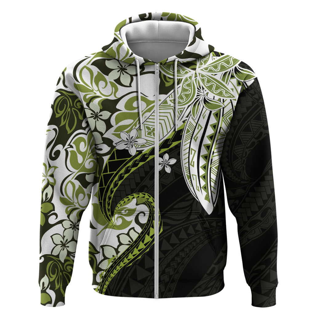 Monstera Plumeria Flowers Olive Green Zip Hoodie Polynesian Pattern LT01 Zip Hoodie Green - Polynesian Pride