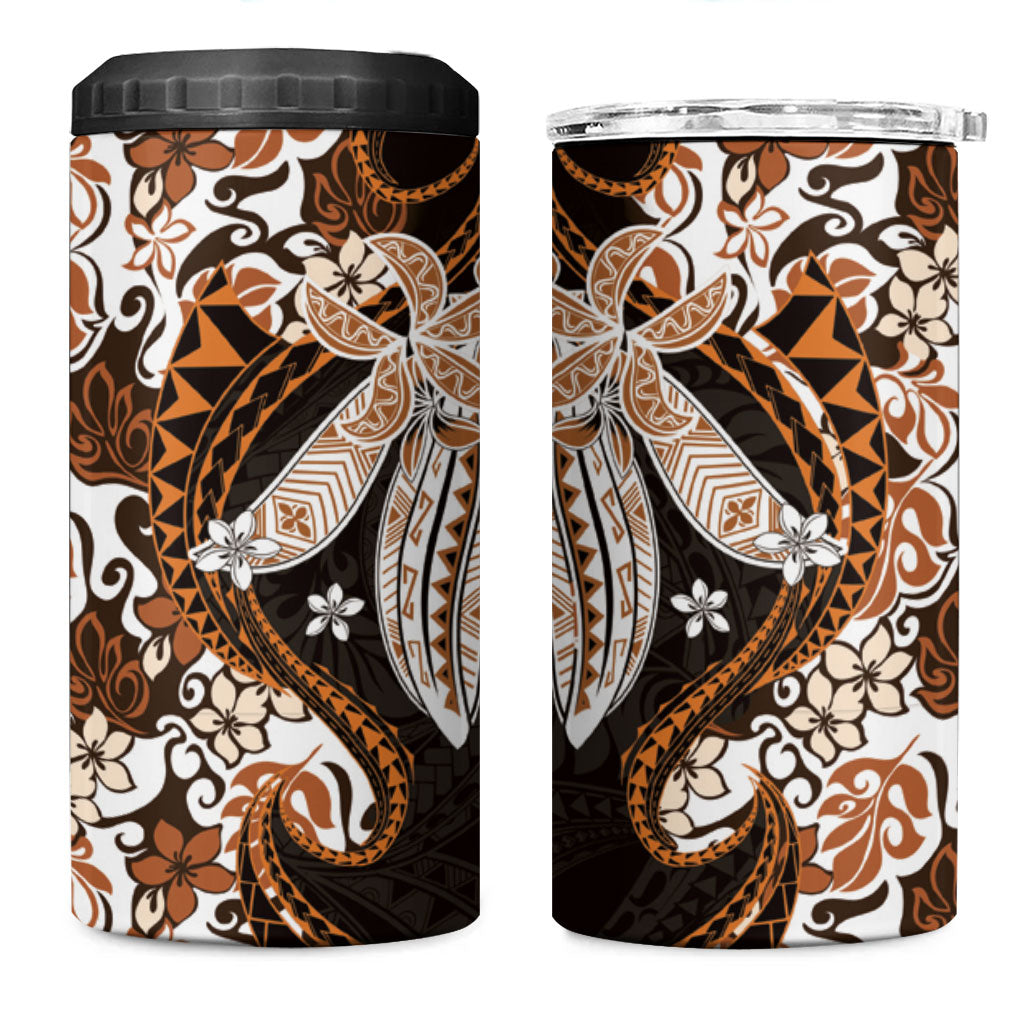 Monstera Plumeria Flowers Orange 4 in 1 Can Cooler Tumbler Polynesian Pattern