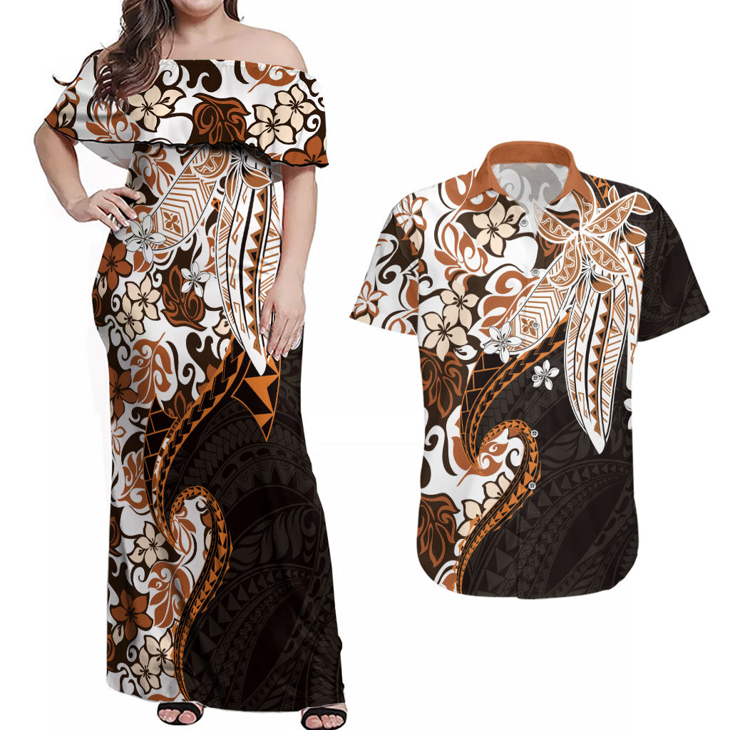 Monstera Plumeria Flowers Orange Couples Matching Off Shoulder Maxi Dress and Hawaiian Shirt Polynesian Pattern LT01 Orange - Polynesian Pride