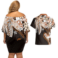 Monstera Plumeria Flowers Orange Couples Matching Off Shoulder Short Dress and Hawaiian Shirt Polynesian Pattern LT01 - Polynesian Pride