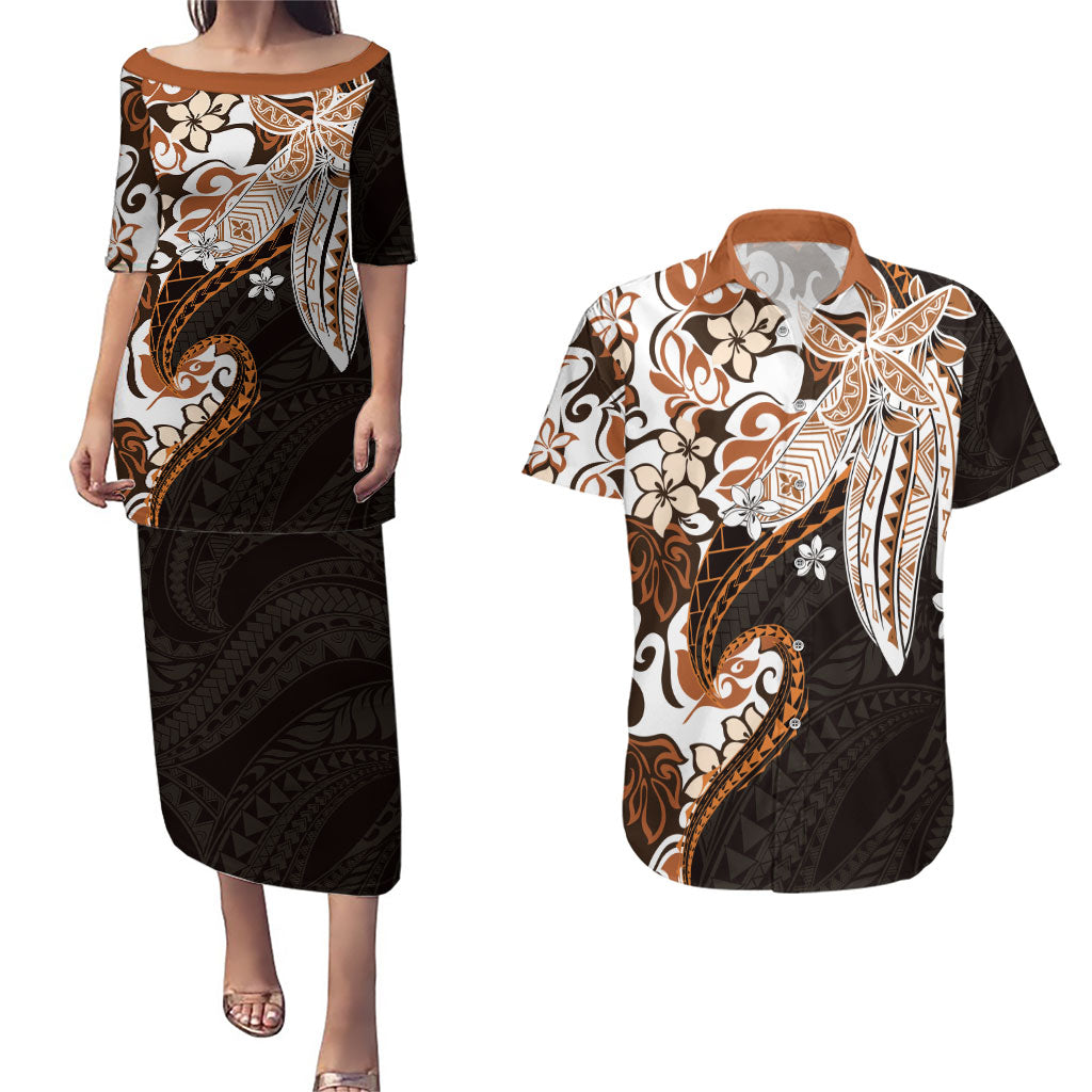 Monstera Plumeria Flowers Orange Couples Matching Puletasi and Hawaiian Shirt Polynesian Pattern LT01 Orange - Polynesian Pride