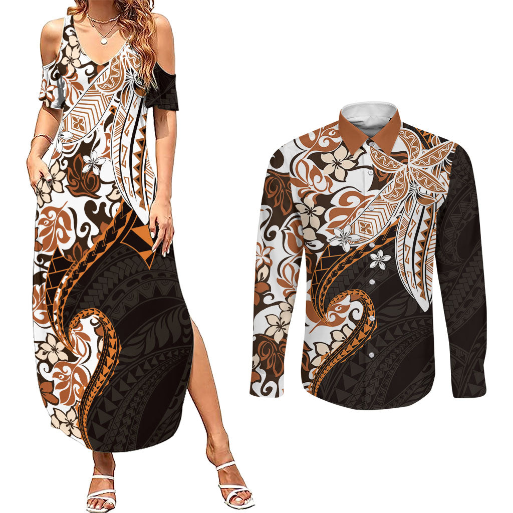 Monstera Plumeria Flowers Orange Couples Matching Summer Maxi Dress and Long Sleeve Button Shirt Polynesian Pattern LT01 Orange - Polynesian Pride