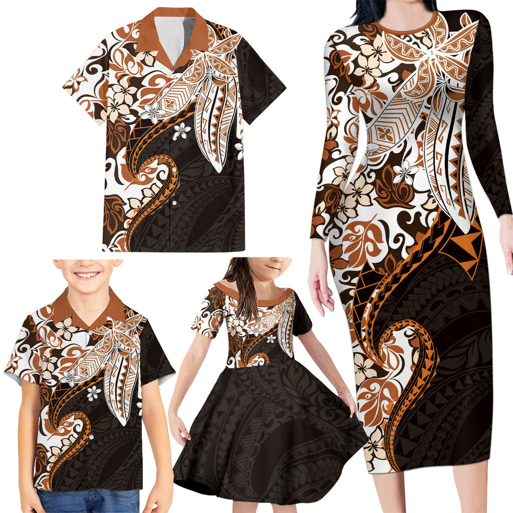 Monstera Plumeria Flowers Orange Family Matching Long Sleeve Bodycon Dress and Hawaiian Shirt Polynesian Pattern